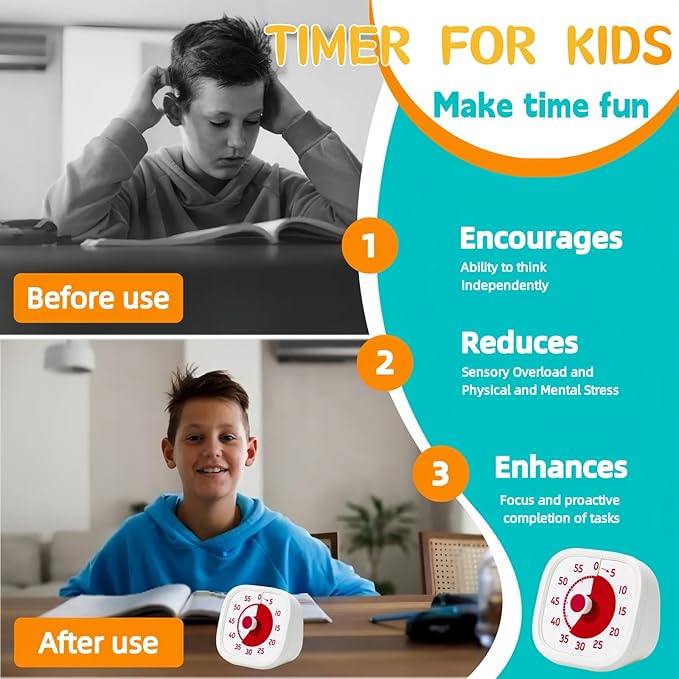 Visual Timer for Kids - 60 Minute Visual Kids Timer for Classroom Home Office, Countdown Timer for Cooking Teaching Working Meeting (White)