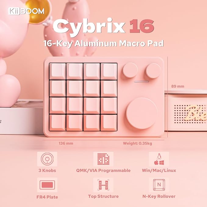 KiiBoom Cybrix 16 VIA Programmable Macro Pad - 16 Keys + 3 Knobs, Type-C Wired Aluminum Numpad, Hot-Swappable PCB, RGB Backlight, Lightweight & Portable Numeric Keypad for Windows & Mac (Pink)