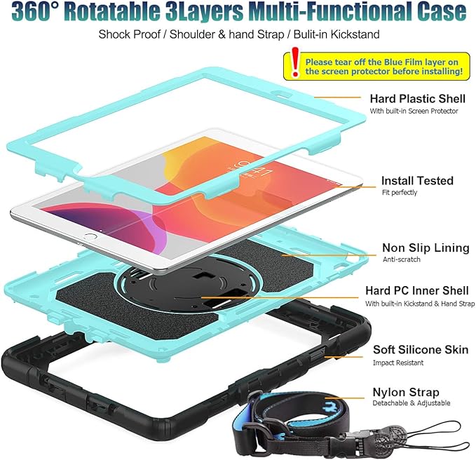 SEYMAC stock Case for iPad 9th/ 8th/ 7th Generation 10.2'', Shockproof with Screen Protector, Pencil Holder [360° Rotating Hand Strap] & Stand, for iPad 10.2 inch 2021-2019 (SkyBlue+Black)