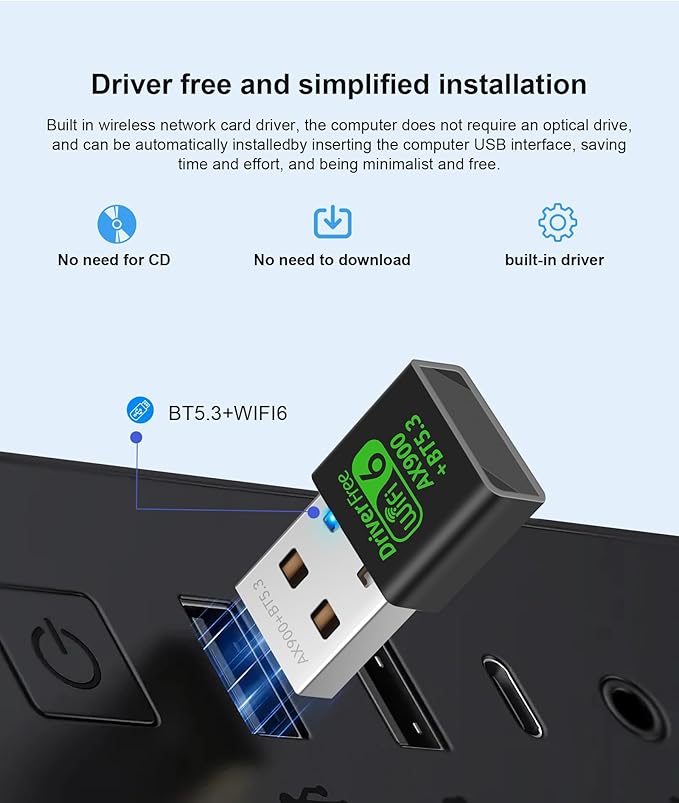 USB WiFi 6 & Bluetooth 5.3 Adapter for Desktop PC,AX900Mbps Dual Band 5/2.4Ghz Wireless Network Adapter ，Built-in Driver for PC/Laptop/Desktop 4dBi Antenna Compatible with Windows 10/11