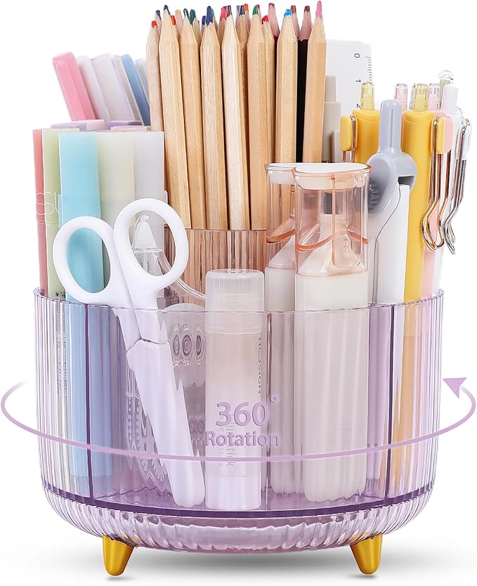 SKYDUE Rotating Pencil Pen Holder, Pen Organizer with 5 Slots - Aesthetic Desk Organizer and Accessories for School, Home, Office Supplies, Clear Purple
