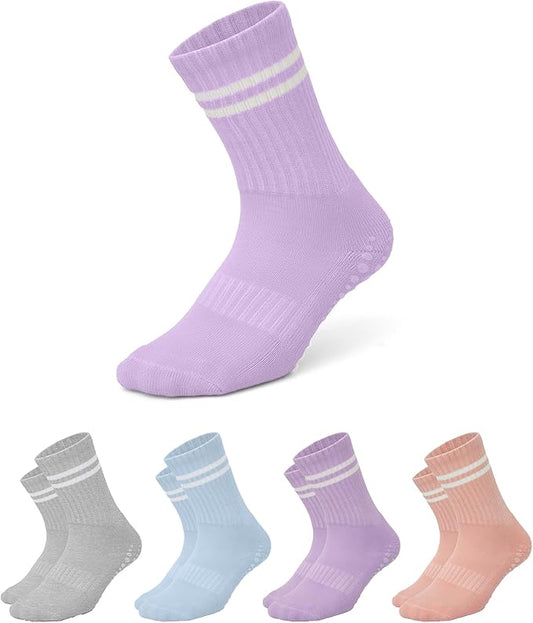 AMELLE Pilates Mid Crew Grip Socks for Women Non Slip – Half Cushioned Striped Yoga Barre Crew Socks with Grips – Anti Skid
