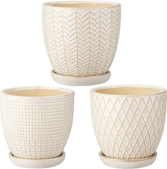 Oairse 4 inches Ceramic Planter Pots 3 Set of Small Round Flower Pots with Drainage Hole and Ceramic Tray for Succulents Cactus Indoor Outdoor Garden Home Windowsill