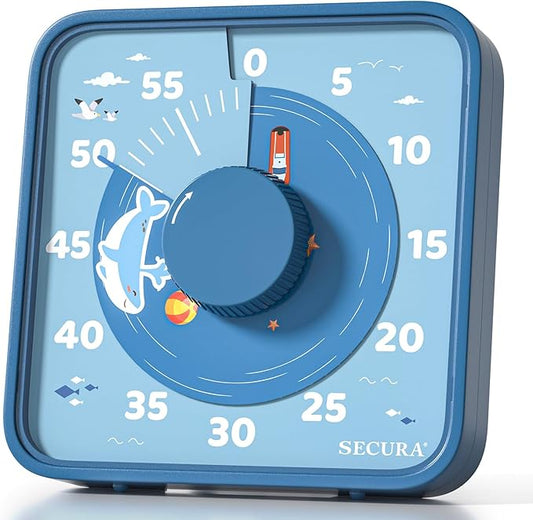 Secura 7.5-Inch Animal Pattern Visual Timer for Kids, 60-Minute Countdown Timer for Classroom or Kitchen, Durable Mechanical Timer Clock with Magnetic Backing (Blue)