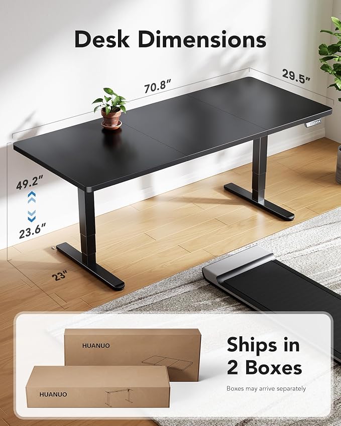 HUANUO 71x30 Inch 3-Stage Legs Electric Standing Desk, Large Height Adjustable Office Desk with Brushless Motor, Stand Up Desk with 4 Memory Presets & 2 Hooks, Computer Desk for Home Office, Black