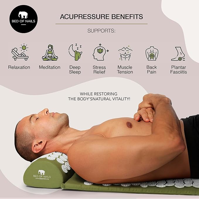 BED OF NAILS Original Comfortable Acupressure Lumbar Cushion Pillow, 2142 Acupuncture Pressure Points, Neck Pain Relief, Increased Energy, Relaxation, FSA/HSA Eligible, Drawstring Bag, 15x6x4, Green