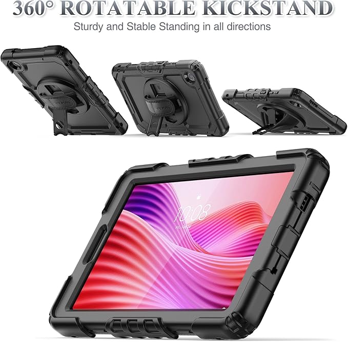 SEYMAC stock Tablet Case for Lenovo Tab One (TB305FU) 8.7 inch Drop-Proof Protection Cover with 360° Rotate Stand & Strap [Pen Holder] & Screen Protector/K9 2025, Black