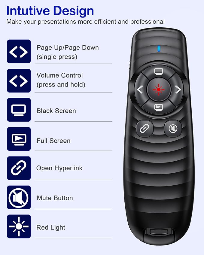 Wireless Presentation Clicker, Powerpoint Clicker Remote with Laser Pointer,Rechargeable Presentation Remote with Hyperlink & Volume Control for PowerPoint, Mac, Computer, Laptop