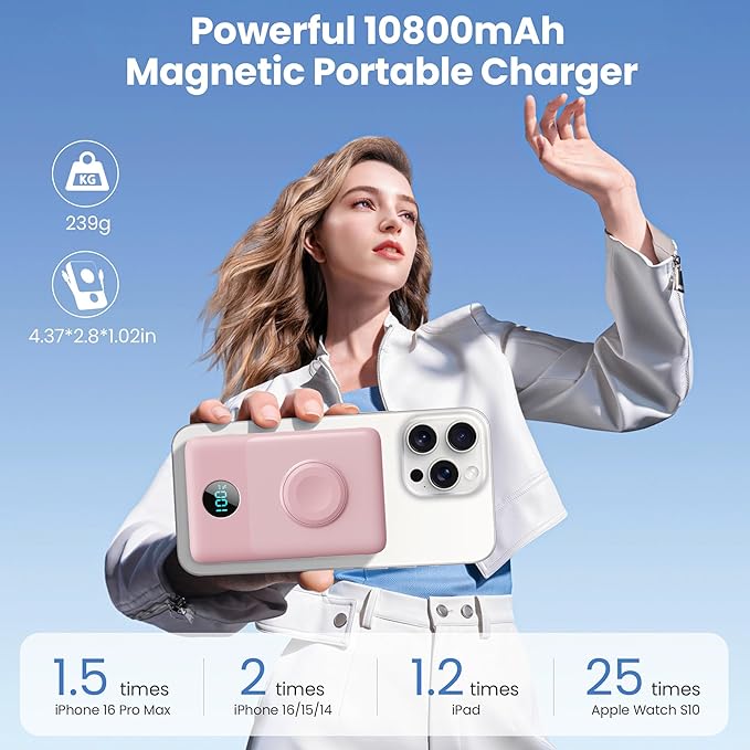 APHUWJ Magnetic Portable Charger 10800mAh with Built-in Cables, 6-in-1 Wireless Power Bank with iWatch Charger, 25W PD Fast Charging USB C Battery Pack for iPhone 16/15/14/13/12,Apple Watch(Pink)