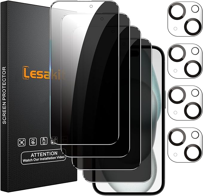 4+4 Pack Privacy Screen Protector for iPhone 15 Plus 6.7-Inch with 4 Pack Camera Lens Protector, Anti Spy Tempered Glass Film 9H Hardness Case Friendly