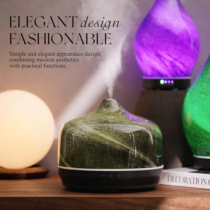 Porseme 500ml Glass Essential Oil Diffuser Aromatherapy Ultrasonic Cool Mist Humidifier 15-21 Running Hours Waterless Auto-Off Air Diffusers for Sleeping Yoga Office Working Spa and Rest (Obsidian)