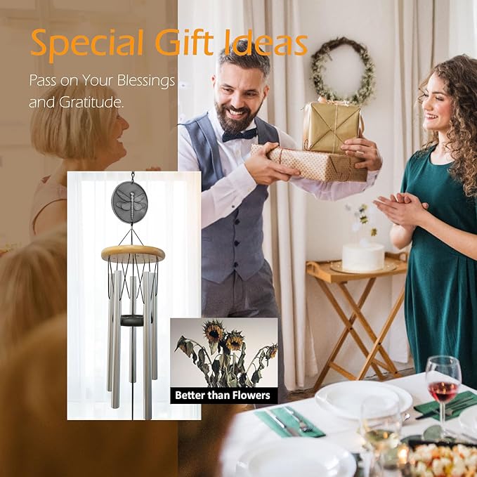 Dragonfly Wind Chimes for Outside with Bright Silver,29 "Memorial Wind Chimes Create a Zen Atmosphere for Outdoor,Garden Patio Yard Decor,Unique Dragonfly Gift for Women/Unisex