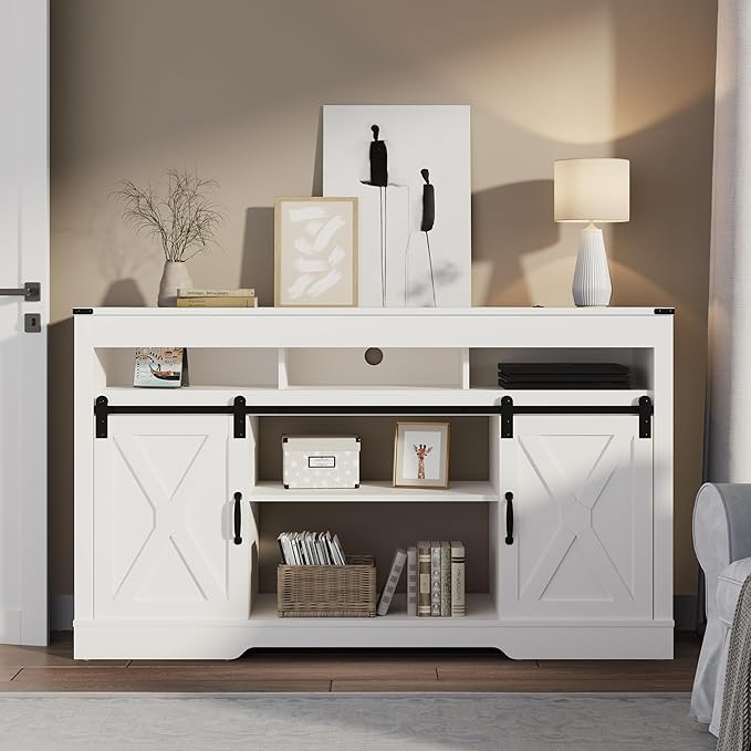 RoyalCraft TV Stand for 65+ Inch TV: Farmhouse Entertainment Center with Storage, Wood TV Console Cabinets with Sliding Barn Door, Tall Media with Adjustable Shelves for Living Room, Coastal Fog