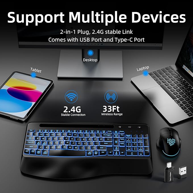 Hamile Wireless Keyboard and Mouse Combo : Ergonomic Wave Keys for Natural Typing, Full Size Keyboards with Wrist Rest, Quiet Backlit Mice,Phone Holder, 2.4G Set for Computer/Laptop/Mac/Windows, Black