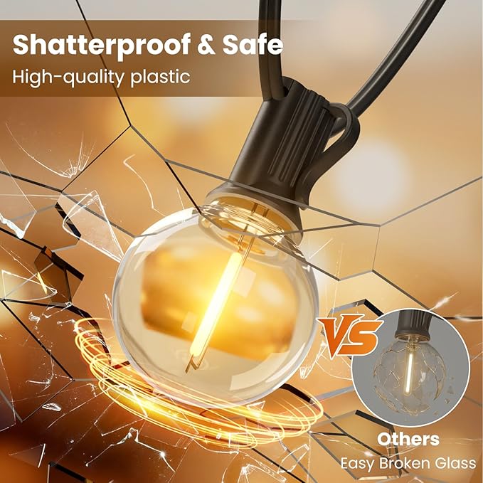 RTTY Outdoor String Lights 25ft, G40 Led Patio Globe Lights with 13pcs Plastic Bulbs, Shatterproof Waterproof Connectable Hanging for Porch Cafe Bistro Backyard Gazebo Balcony Deck Party