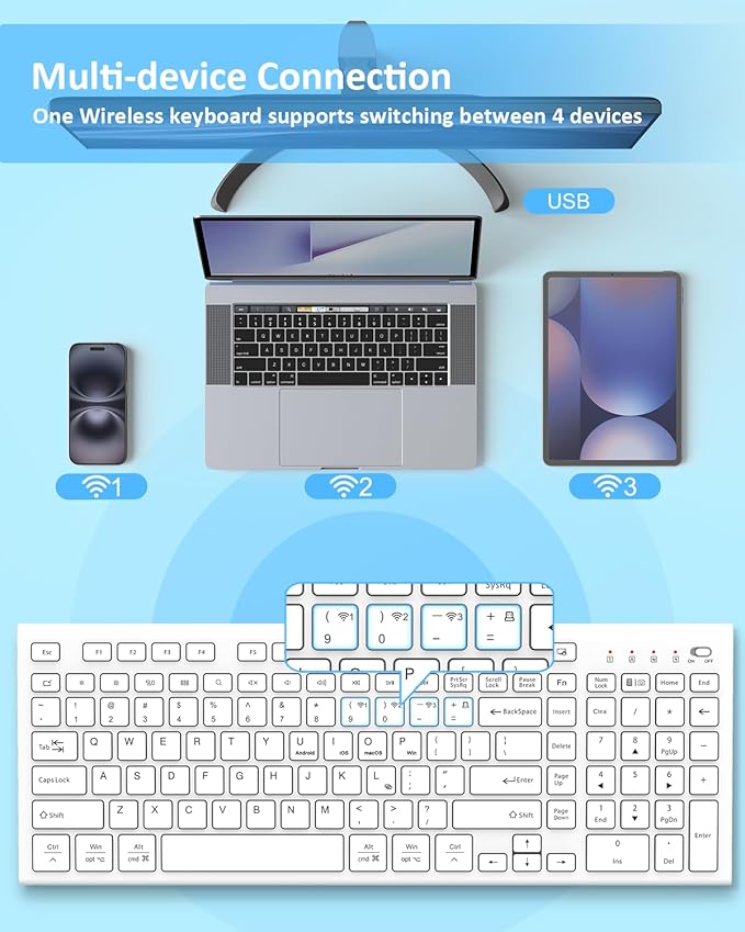 FENIFOX Wireless Keyboard, Bluetooth + USB Ergonomic Silent Quiet Rechargeable with Number Pad Compact Full Size Multi Device Keyboards for iPad Tablet Mac Computer Surface PC MacBook Laptop White