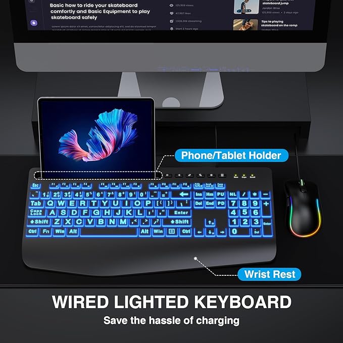 Wired Keyboard Mouse Combo - Large Print Backlit, Ergonomic Wrist Rest, 6 DPI RGB for PC/Windows - Ideal for Seniors, Students, Office and Home SABLUTE