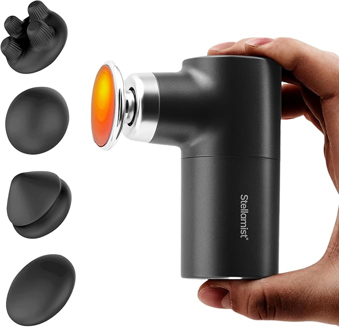 Mini Massage Gun with Heat, Deep Tissue Massage Gun, Portable Percussion Muscle Massager with 4 Massage Heads for Athletes