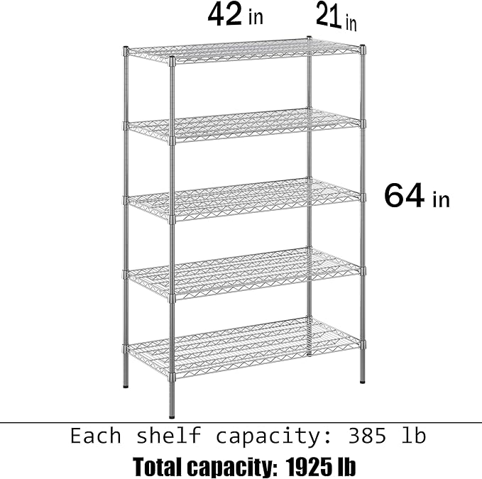 Wire Shelving Kit | NSF Commercial Storage Rack Unit (5-Tier | 64" Height, 21" Deep x 42" Wide)