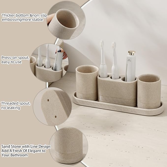 Bathroom Accessories Set, 4 pcs Toothbrush Holders Set Included 3 Slots Electric Toothbrush and Toothpaste Holder Stand, 2 Tumblers & Tray for Bathroom Countertop Sink Modern Decor (Beige)