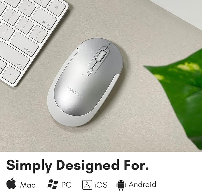 Macally Wireless Bluetooth Mouse for Mac, MacBook Pro/Air, iPad, and PC - Comfortable and Quiet Compatible Wireless Apple Mouse - Silver