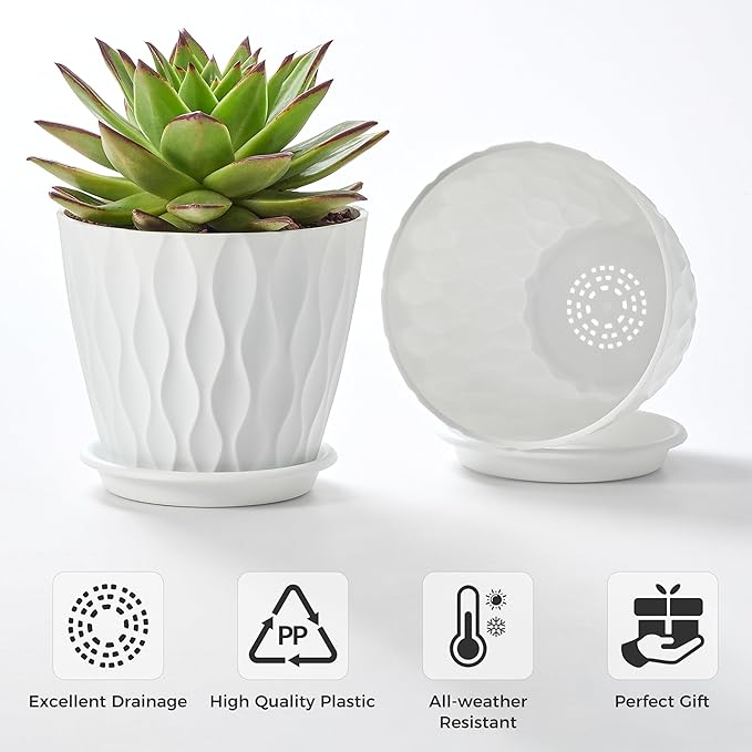 FaithLand 6-Pack 6-Inch Plastic Plant Pots with Saucers | Thickened PP Material, Modern Wave Texture, Enhanced Drainage for Indoor/Outdoor Garden Plants | White Value Set