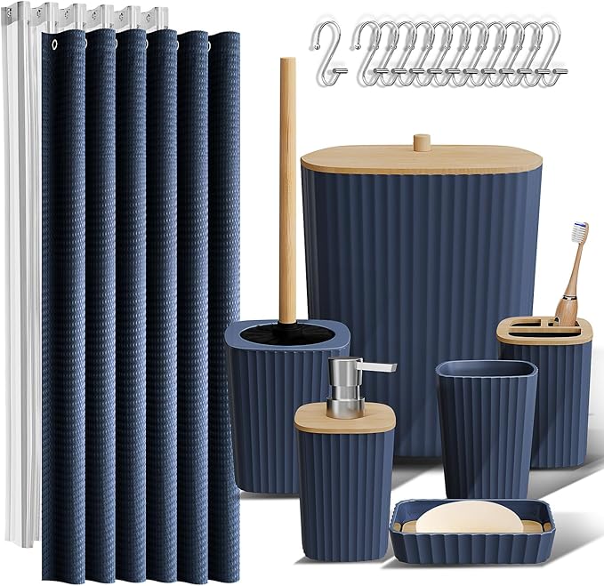 Clara Clark Bathroom Accessories Set - Navy Bathroom Set, 20PC Bathroom Accessory Set, Shower Curtain Set, Toilet Brush, Trash Can & Soap Dispenser