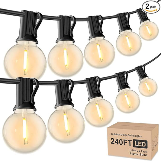 RTTY Outdoor String Lights 240 ft, 2 Pack 120 ft G40 Led Patio Lights with 62pcs Bulbs,Shatterproof Waterproof Connectable Hanging for Porch Cafe Bistro Backyard Gazebo Balcony Deck Party