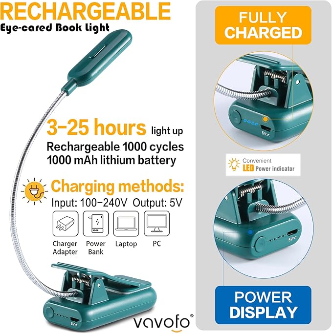 VAVOFO Rechargeable Book Light for Reading in Bed Kids, 7 LED Reading Light with 9-Level Warm Cool White Daylight, Eye Care Lamp with Power Indicator for Bookworms (Green)