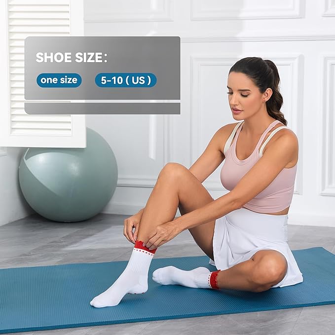 Cute Pilates Socks with Grips for Women Ruffle Cuff Embroidery Non Slip Yoga Socks for Workout, Barre, Pilates Gifts