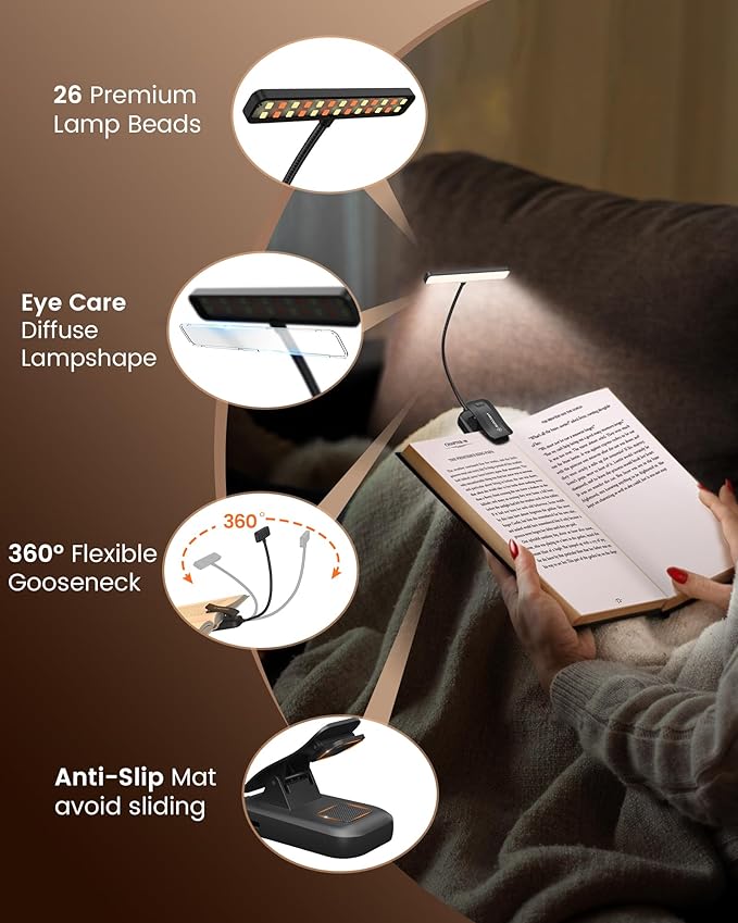 Glocusent 26 LED Rechargeable Book Light, 1200 mAh Battery for 90 Hrs, 5 Amber Colors & Stepless Dimming Book Lights for Reading at Night - Portable Clip on Reading Light for Book Lovers Kids
