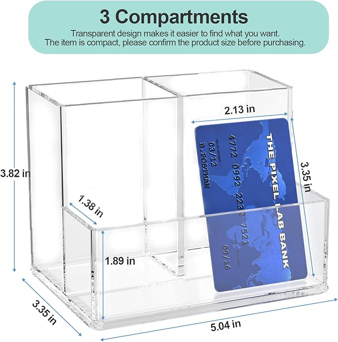 Clear Pen Holder for Desk, Small Acrylic Pencil Holder, Compact Makeup Brush Holder Organizer for Vanity, Pen Pencil Organizer Cup, Office Desk Organizer and Accessories, 3 Compartment Design