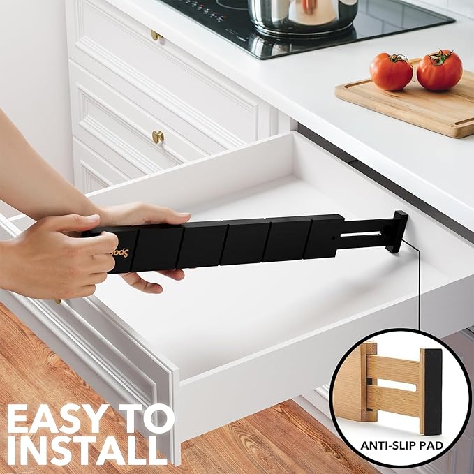 SpaceAid Bamboo Drawer Dividers with Inserts and Labels, Kitchen Adjustable Drawer Organizers, Expandable Organization for Home, Office, Dressers, 7 Dividers with 15 Inserts (17"-22" Black)