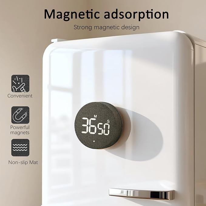 AVINIA Desk Timer for Productivity Magnetic Digital Kitchen Timer Rechargeable Fabric Mesh Cover 99 Mins Countdown/Count Up Stylish Efficana Konah Home Timmer for Cooking-Black