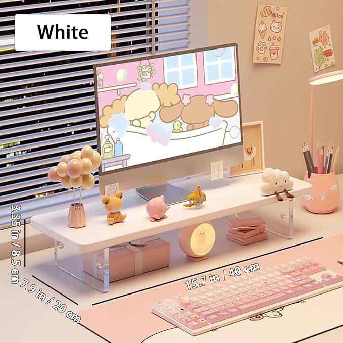 Monitor Stand Riser 2.16/3.34 Inch 2 Height Adjustments Acrylic Stand with Installation Tool, Desk Organizer Accessories Office Desk Storage Rack Screen/PC/Printer/Laptop Riser 7.8 x 15.7 Inch (White)