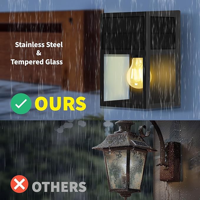 Outdoor Light Fixture Solar Powered, Super Bright Waterproof Porch Light, Stainless Steel & Tempered Glass Wall Lantern, Elegant LED Sconce for Front Door Lighting, Warm White, 2 Pack