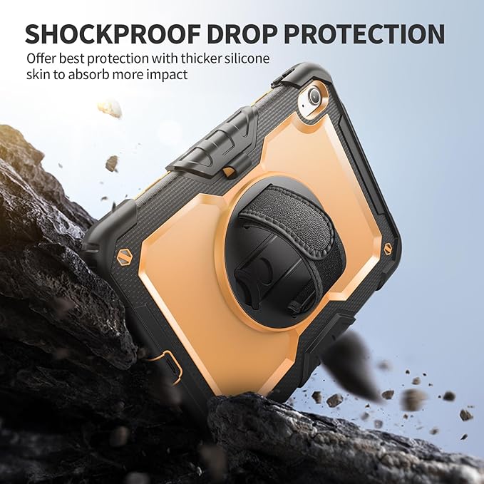 Ambison Case for iPad A16 11th/10th Generation 11"/10.9'' 2025/2022,Heavy Duty Shockproof Case with Tempered Glass Screen Protector, 360° Rotating Handle Strap&Stand,Shoulder Strap-Yellow