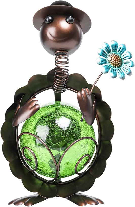 MUMTOP Turtle Garden Decor, Turtle Solar Lights Outdoor Decorative Waterproof with Crackle Glass Globe and Flower Yard Ornaments for Tabletop Outside Garden Lawn Outside Porch Home Decorations