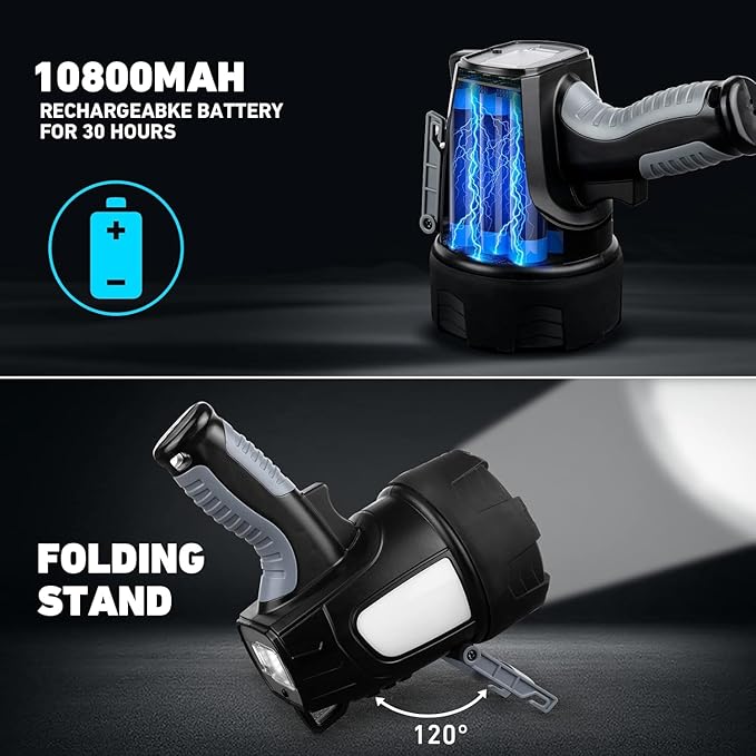 LBE Rechargeable Spotlight Outdoor, 90,000 Lumens Led Spotlight Flashlight with Cob Light and Foldable Tripod, 6 Modes Waterproof Handheld Spot Light for Outdoor Marine Boating Hµnting