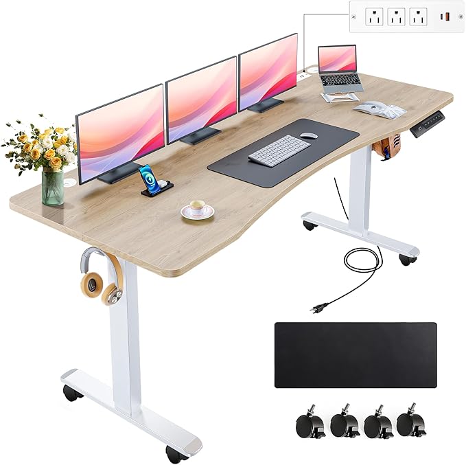 farexon Electric Standing Desk Adjustable Height,63x24 Inches Stand Up Desk, Ergonomically Curved Desktop with Outlet, Lockable Casters,27.''-46'' Lifting Range Home Office Computer Desk(Oak Gray)