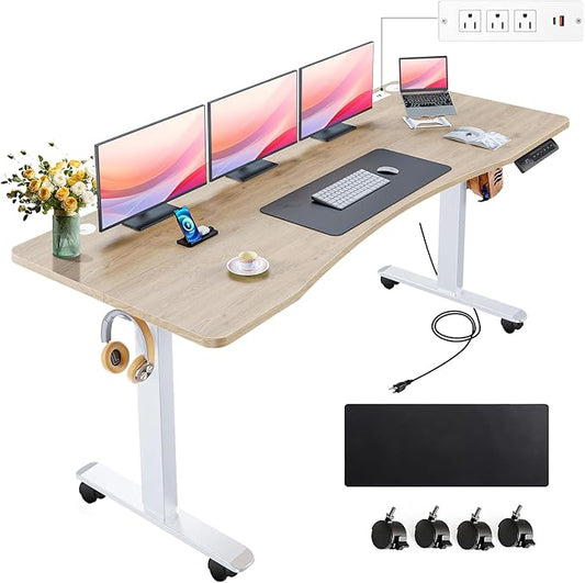 farexon Electric Standing Desk Adjustable Height,63x24 Inches Stand Up Desk, Ergonomically Curved Desktop with Outlet, Lockable Casters,27.''-46'' Lifting Range Home Office Computer Desk(Oak Gray)