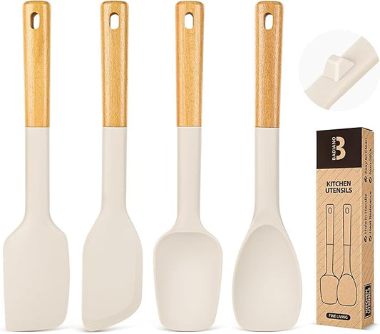 Silicone Spatula Spoon Set, Great for Mixing, Folding, Scraping, and Spreading, Sturdy BPA-Free Matte Silicone, Wooden Handle Rubber Spoonula for Nonstick Cookwares,4 Pack (KHAKI)