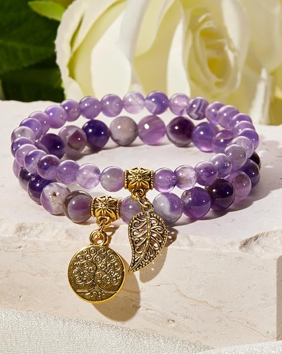 Bivei Natural Semi Precious Gemstone beads bracelet for women - Life Tree and Leaf Charm Energy Reiki Crystal Stretch Bracelets