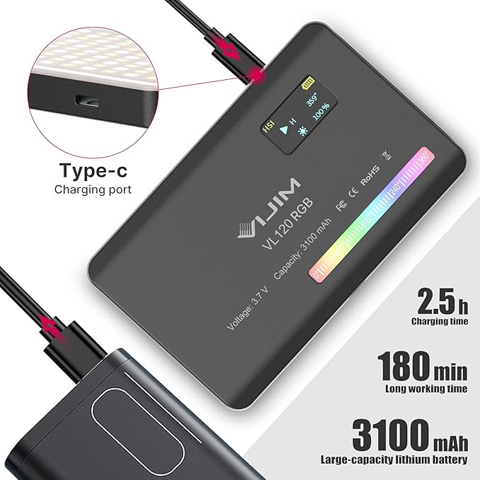 VIJIM VL120 RGB Video Light, Portable LED Camera Light Panel 0-360 Full Color, CRI 95+ 2500-9000K LED 3100mAh Rechargeable DSLR Lighting for Vlogging, Photography, Video Conference