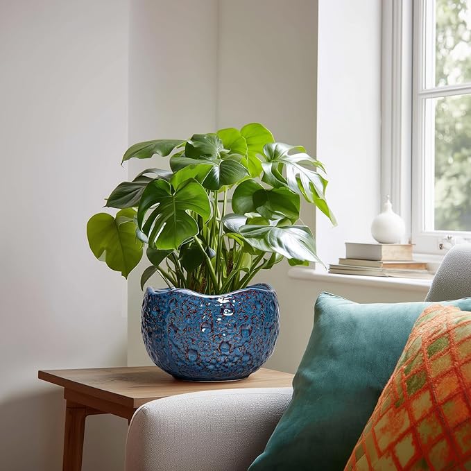 8 Inch Plant Pot - Ceramic Planter for Indoor Outdoor Plants, Round Unique Plant Pots with Drainage Hole, Modern Decorative Flower Pots, Home Decor, Gifts for Plants Lovers, Retro Blue