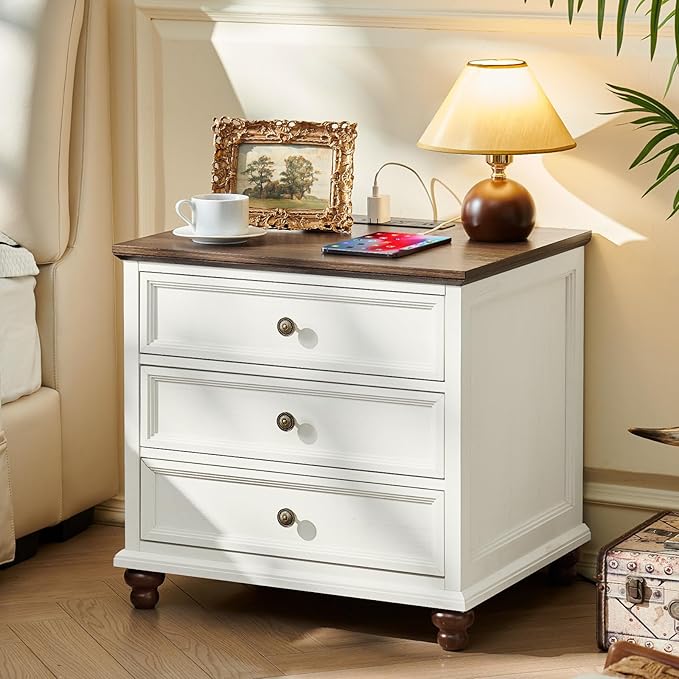 Farmhouse Nightstand with Charging Station, 24" Wide End Table with 3 Drawers,White Wood Dresser for Bedroom, Bed Side Table Chest of Drawers Cabinet,Night Stand for Living Room, Closet