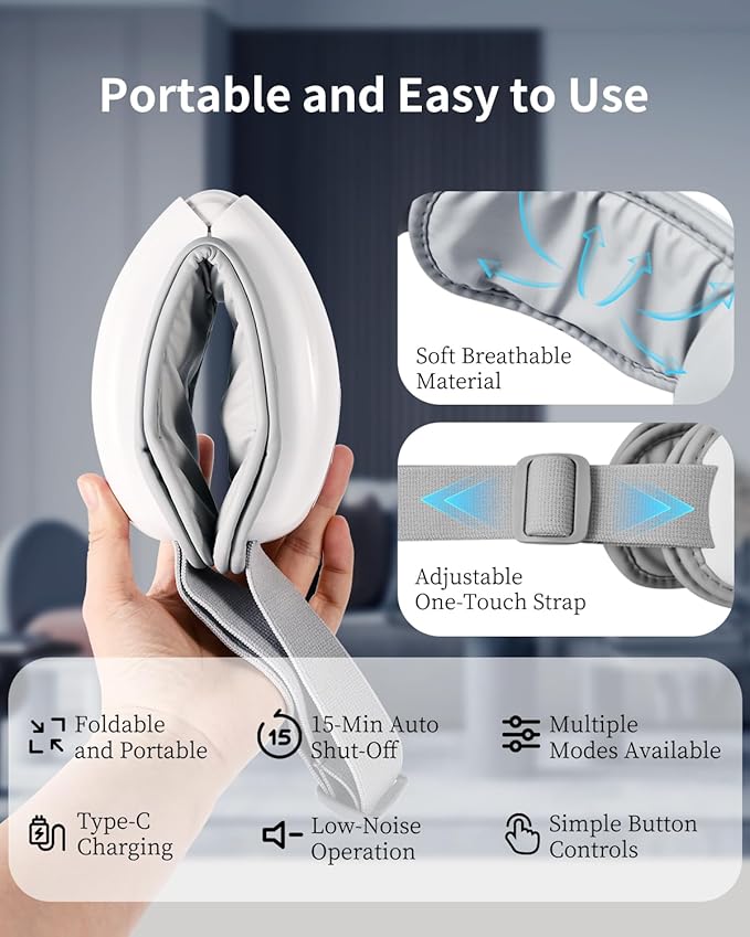 arboleaf Eye Massager with Heat, Heated Eye Massager for Migraines with Compression and Music, Wireless Eye Mask Massager with Heat, 5 Modes Portable Massaging Eye mask for Relieve Eye Strain