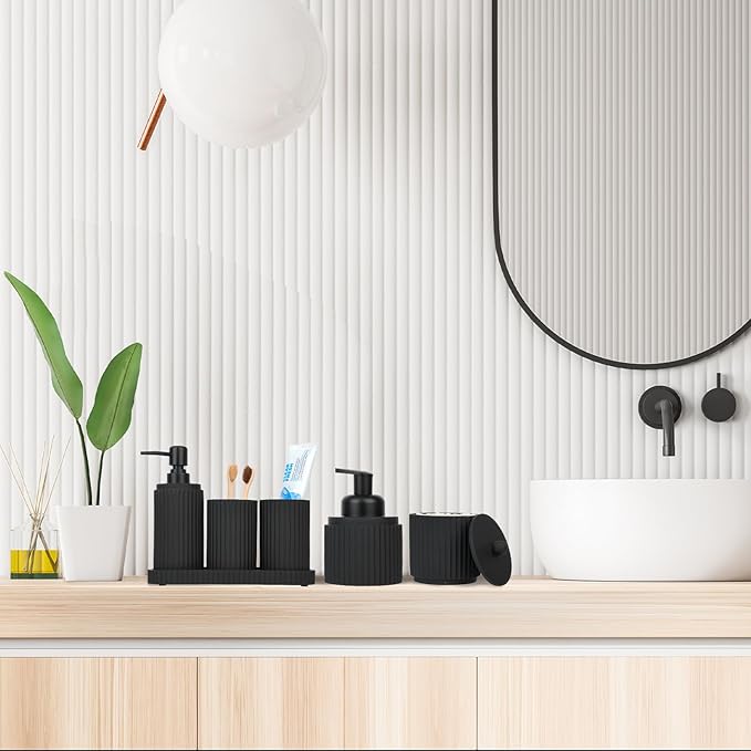 Black Bathroom Accessories Set 6 Pcs - Toothbrush Holder,Lotion Soap Dispenser,Foaming Soap Dispenser,Qtip Holder Dispensers,Vanity Tray,Bathroom Tumbler - Countertop Organizer-Bathroom Accessory Set