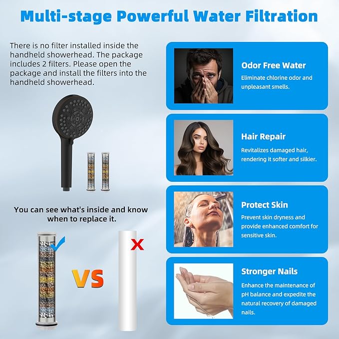 Hibbent 5-spray 13'' Dual Filtered Rainfall Shower Head Combo, High Pressure 10-setting Handheld Shower Head with 12'' Adjustable Extension Arm, 20 Stage Shower Filter, 71'' Hose, Oil Rubbed Bronze