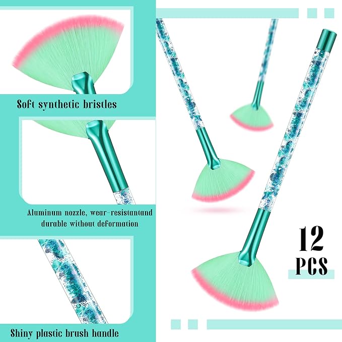 12 Pcs Fan Brushes for Facial Mask & Peel Applicator - Soft Cosmetic Facial Brushes with Glitter Quicksand Handle - Face Mask Tools with Pouch (Green)